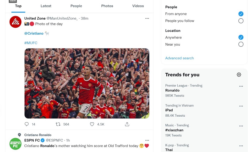 Ronaldo lọt top trending twitter với gần 1 triệu lượt tweet sau cú đúp vào lưới Newcastle