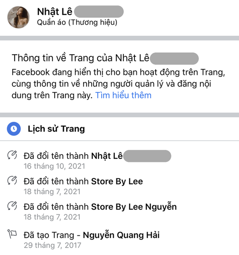 Page bán đồ của Nhật Lê từng mang tên Quang Hải