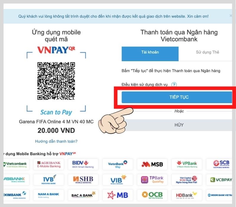 Bấm chọn tiếp tục để có thể thanh toán qua web iBanking của ngân hàng bạn sử dụng