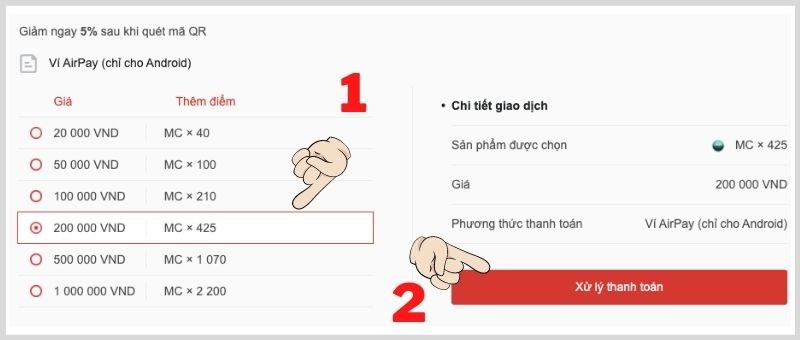 Chọn mệnh giá cần nạp và bấm xử lý thanh toán