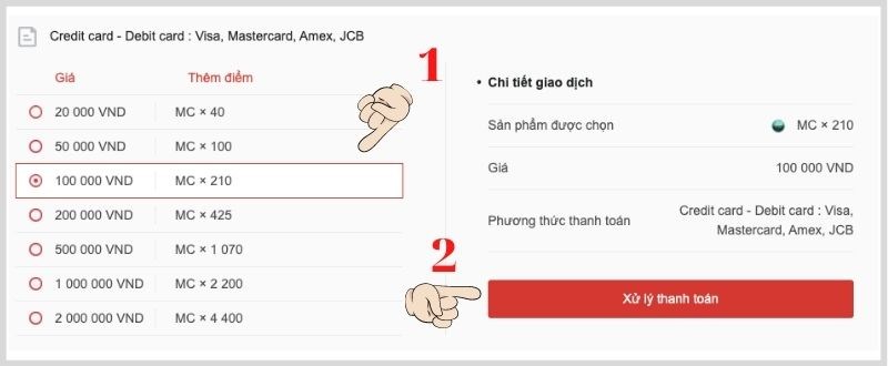 Chọn mệnh giá rồi nhấn xử lý thanh toán