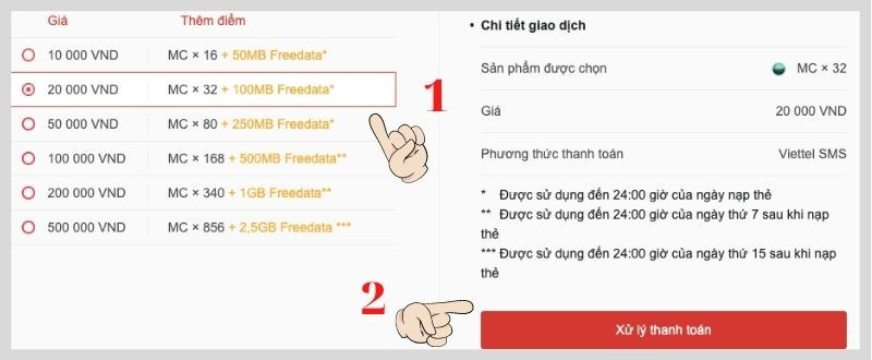 Chọn mệnh giá và bấm chọn Xử lý thanh toán