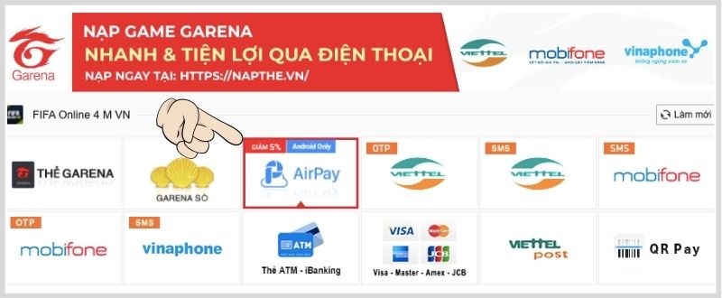 Nạp thẻ FIFA Online 4 bằng ví điện tử AirPay