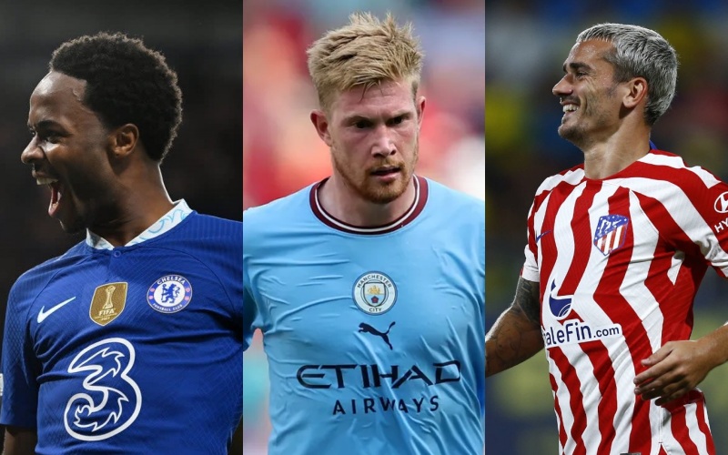 Raheem Sterling, Kevin De Bruyne và Antoine Griezmann là 3 cái tên xếp ở các vị trí cuối cùng 